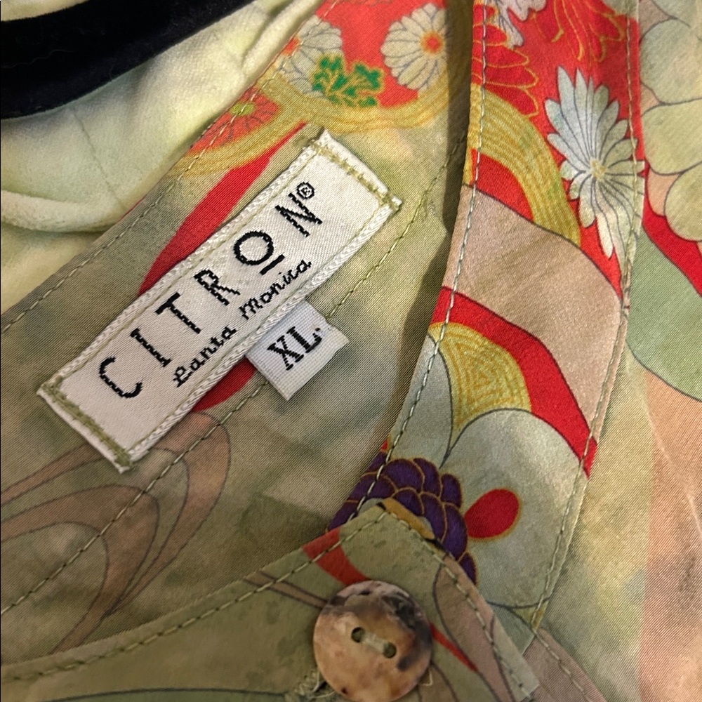 Vintage Citron silk pants and top set in Light Green and Red Asian designs